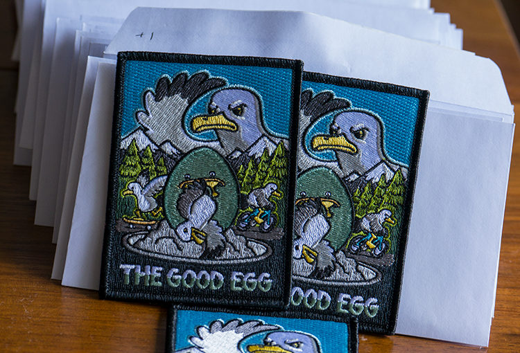 the good egg embroidered patch and all the envelopes ready for shipping